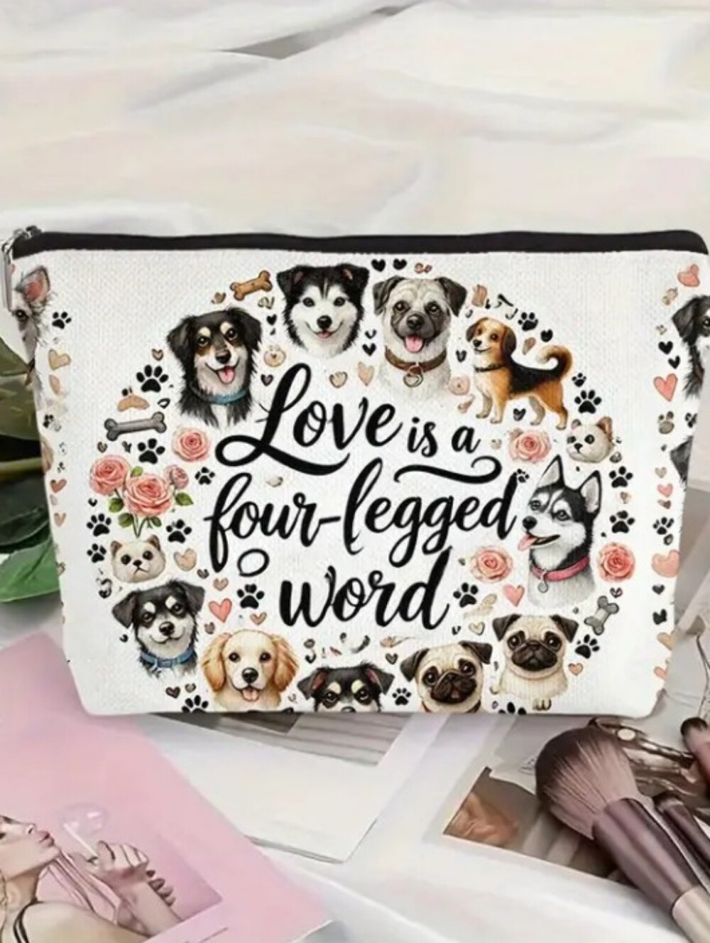 Dog Cosmetic Pouch | 'Love is a Four-Legged Word' Makeup Bag | New